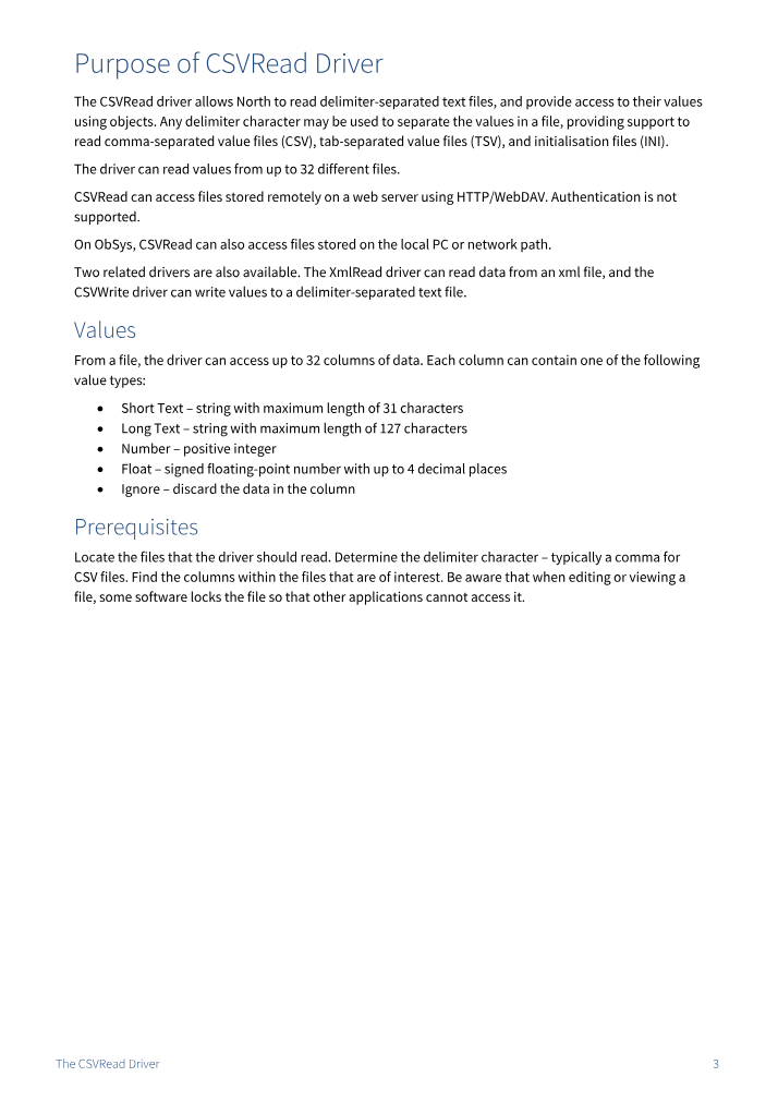 Preview thumbnail of page 3 of the CSVRead Driver Manual PDF document.